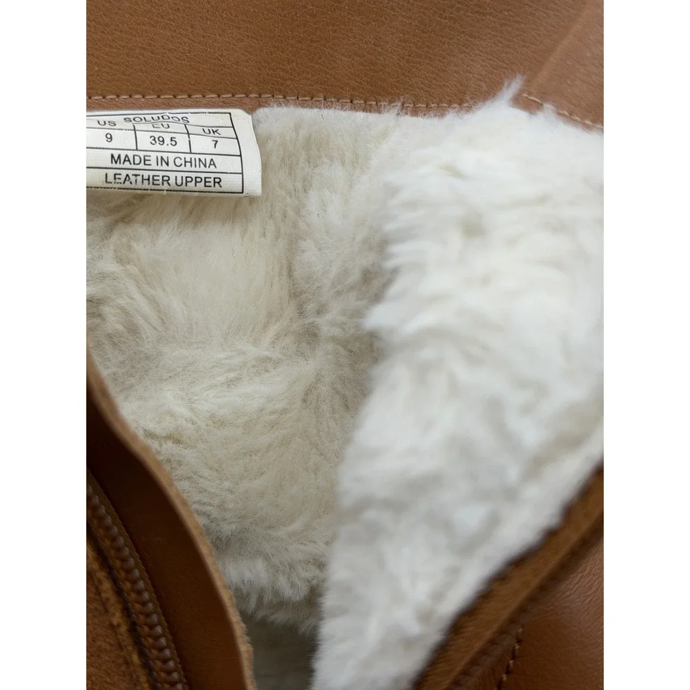 Soludos Dani Shearling Ankle Boots Womens 9 Tan Leather Block Heel Fall Comfort